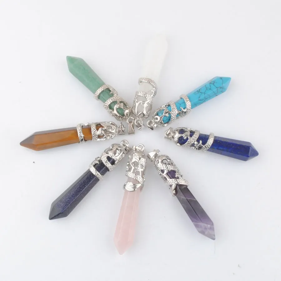 Dragon Tribe Natural Stone Pendant Hexagonal Crystal Totem Quartz Aventurine Amethyst Blue Sand Lapis Lazuli Prism Ethnic Hanging 331t