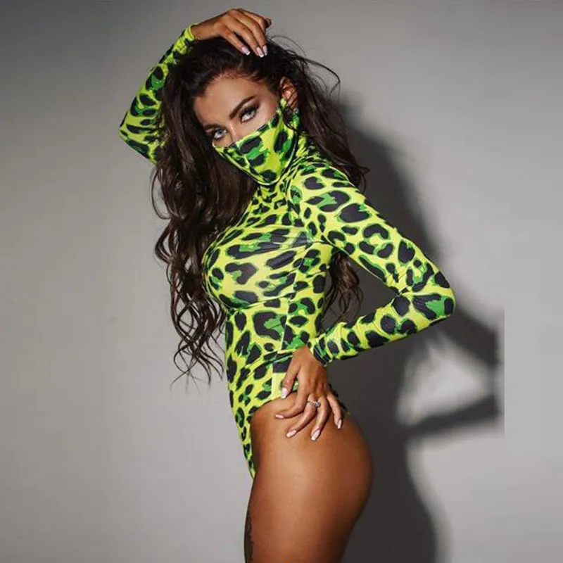 CNYISHE Women Long Sleeve Leopard Skin Prinetd Bodysuit Sexy Neon Green Streetwear Jumpsuit Skinny Tops Fashion Rompers 220301