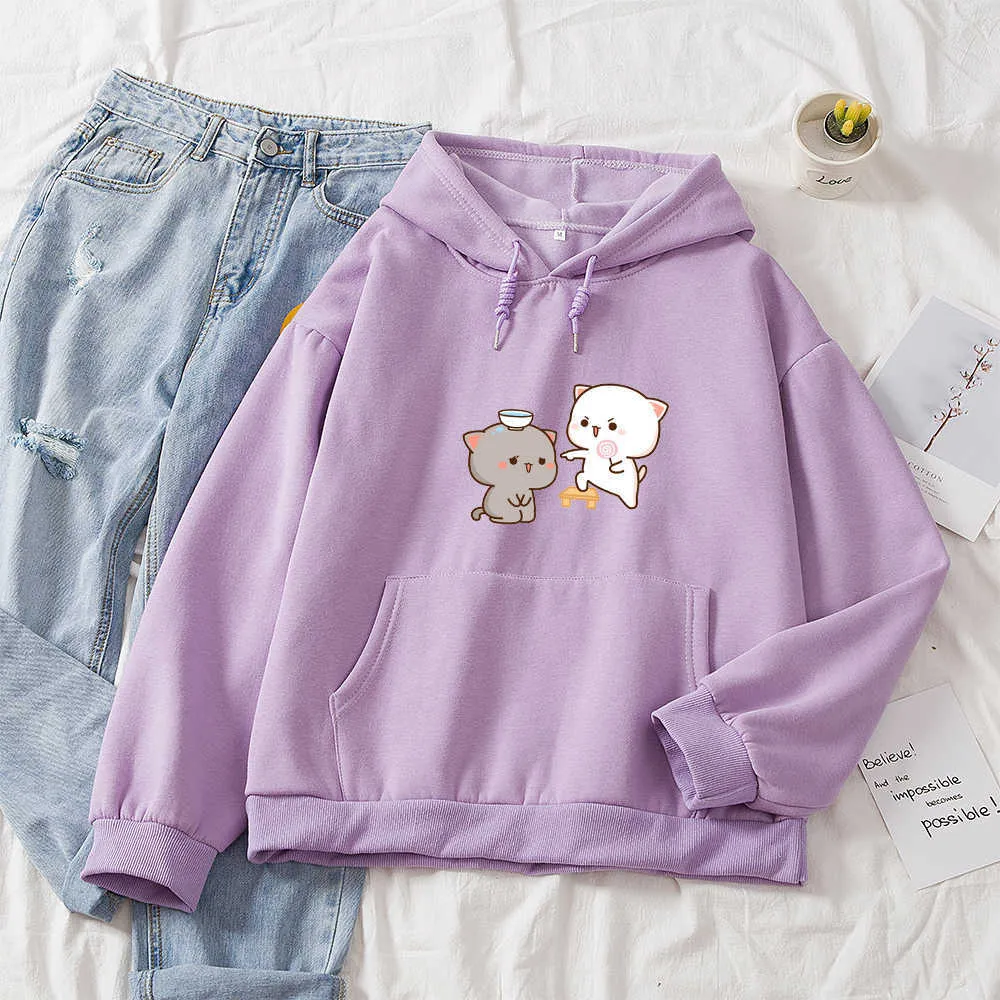 Tecknad katt hoodie hajuku roliga hoodies kvinnor ullzang söt koreansk stil höst vinter kawaii sweatshirt 90s hoody kvinnliga tjejer y0820