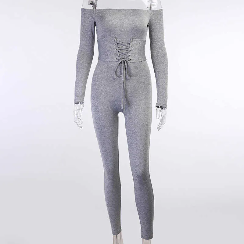 Colysmo jumpsuit kvinnor svart sexig av axel långärmad slips upp hög midja bodycon bodysuit falla kvinnliga overaller 210527