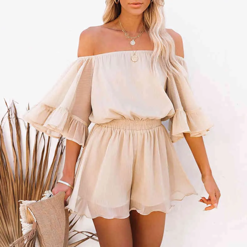 Foridol Off Shoulder Loose Chiffon Rompers Overaller Kvinnor Casual Beach Wide Leg Blue Playsuits Plus Size Ruffle Summer Romper 210415