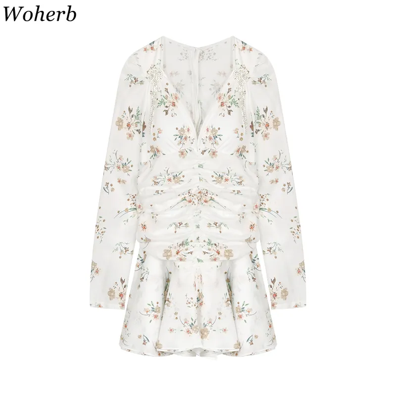 Dresses for Women Floral Temperament Vestidos Mujer Sexy Robe Lady V-neck Puff Sleeve Slim Chiffon Mini Dress Woman 210519