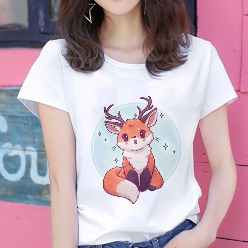 2020 new kawaii fox printed T shirt Women hipster cute T-shirt female Fashion seasons Harajuku white 0-neck tops Tshirt clothing X0628