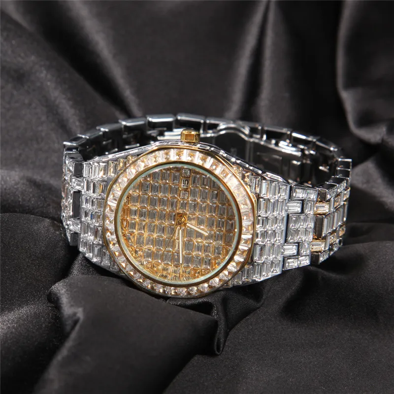 Trendy Men Hiphop Watch Bracelet Gold Plated Full Bling CZ Diamond Stone Quartz Watches Bracelets for Mens Jewelry Gift275p