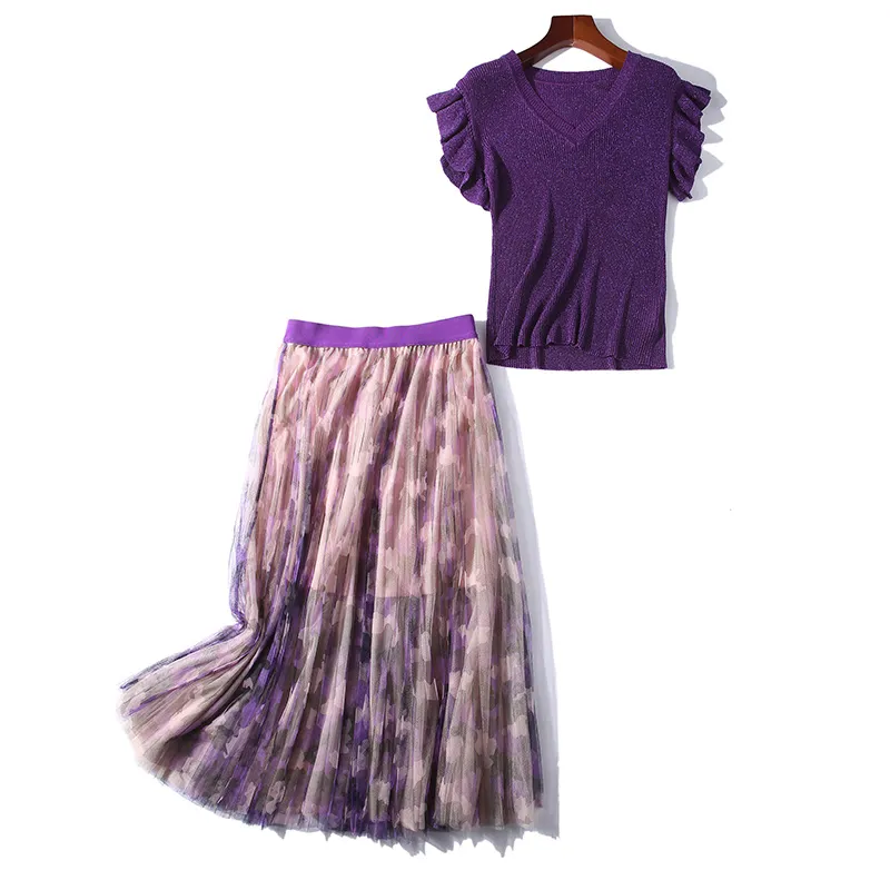 Frauen Lila V-ausschnitt Schmetterlingsärmel Pullover Strickbluse bedruckter Netzrock Zweiteiliges Set Damen Kleid Anzug T3030 210514