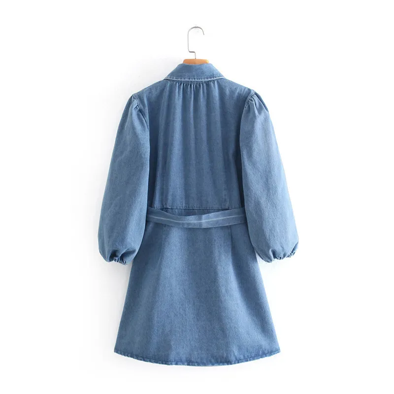 Robe Femmes Bleu Denim Court es Femme D'été De Mode Ceinture Manches Bouffantes Mini Fille Vintage Casual es 210519