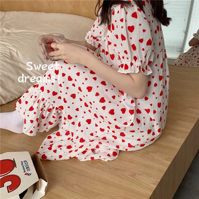 Vrouwen Nachthemd Comfortabele Korte Mouw Vintage Harten Gedrukt Nachtkleding Chic Katoen Mode Pyjama Jurk 210525