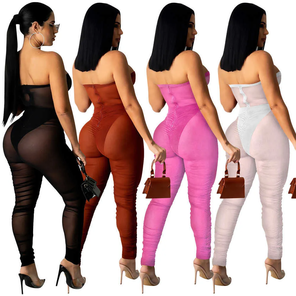 Femme Combinaison Sexy Solide Sans Bretelles Perspective Combinaison pour Night Club Party Taille Moyenne Bandage Moulante Combinaison Femme Été 210712