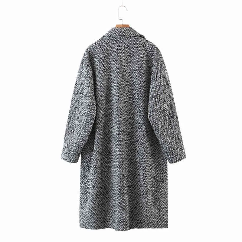 Elegante donna di lana grigio soprabito moda donna vintage tasca lungo cappotto streetwear femminile causale soprabito ragazza chic 210427