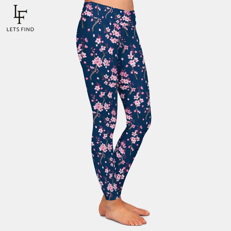 LETSFIND Fashion 3D Cherry Blossom Stampa digitale Leggings da donna Vita alta Plus Size Soft Slim Fitness Leggings 211014