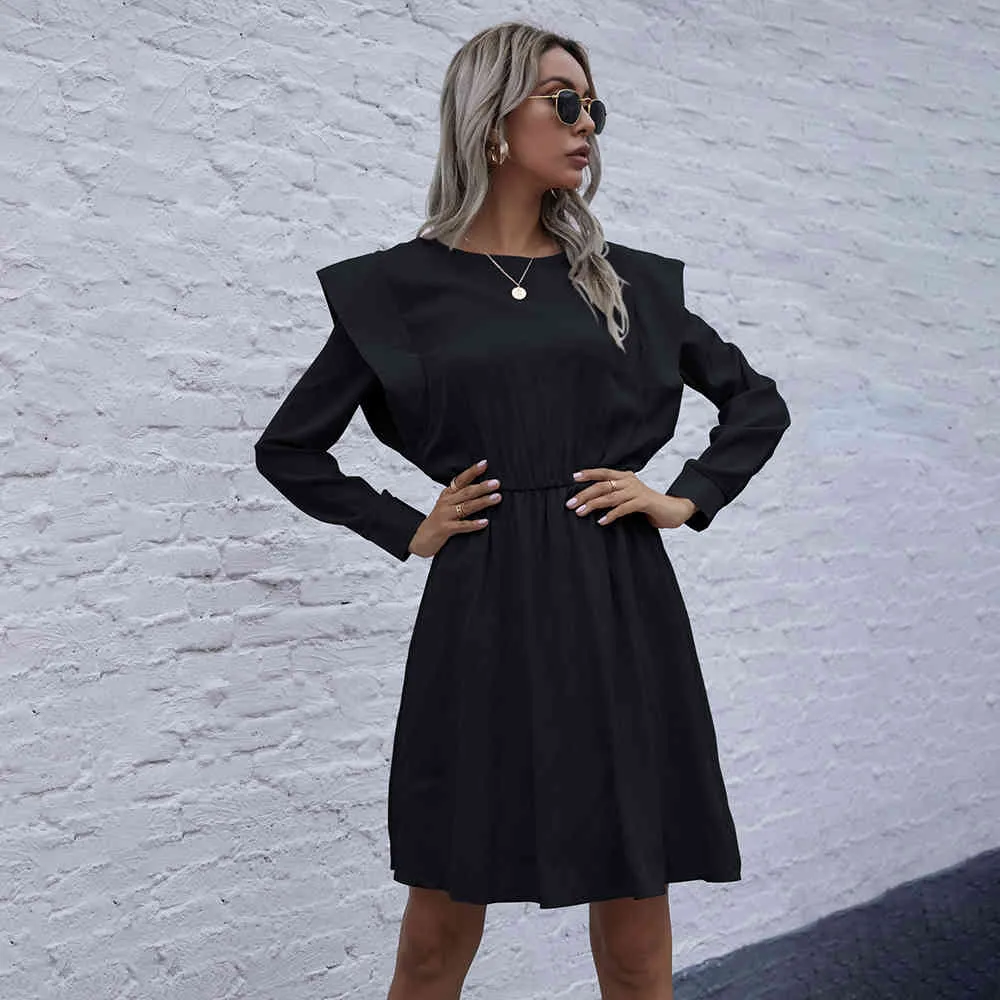 Autumn Winter Dress Fashion Solid Black Casual Ladies Ruffle A Line Dresses For Women Elegant Clothes New Arrival Fall 210415