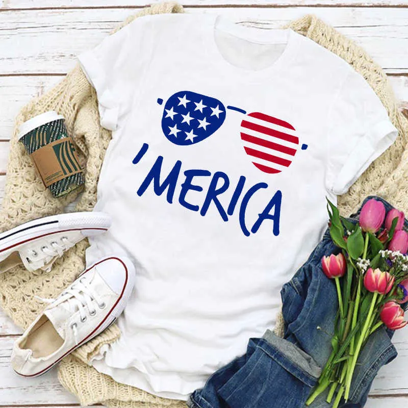 Kobiety Graficzny Usa Flaga Ameryka Patriotyczna Love Lip Star Summer T-shirt Topy Lady Damskie Odzież Odzież Tee Kobieta T Shirt X0527