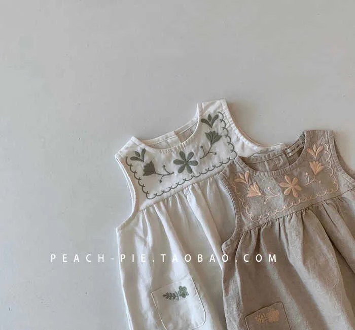 Koreli Kızlar Nakış Pamuk Keten A-line Elbise Rahat Giyim Çocuklar için Güzel Yaz Kıyafet 210529
