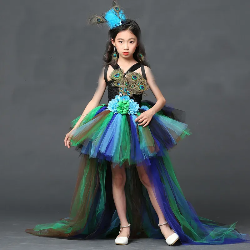 POSH DREAM Girl Peacock Flower Party Tutu Dresses for Halloween with Train Tulle Princess Children Evening Dress 220212