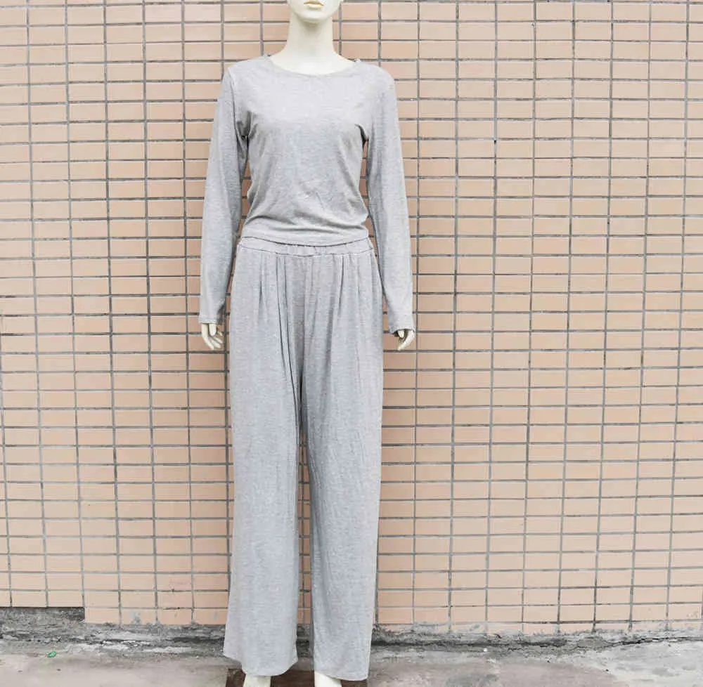 Conjuntos de mujeres Tops delgados de manga larga Pantalones de pierna ancha Top de dos piezas y traje de sudor casual suelto 210513