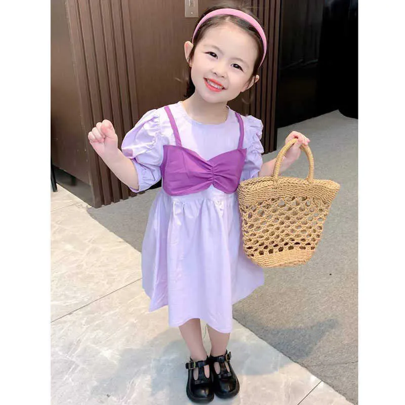 Vestito estivo da ragazza Falso in due pezzi Petto avvolto Manica corta Dolce principessa Stile coreano Abbigliamento bambini bambini 210625