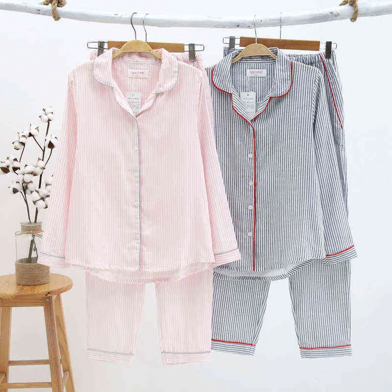 Sleepwear Women's Cotton Home Suit Pyjamas Vinter Långärmad Stripe Pajama Kvinna Casual Lounge Set Drop 211109