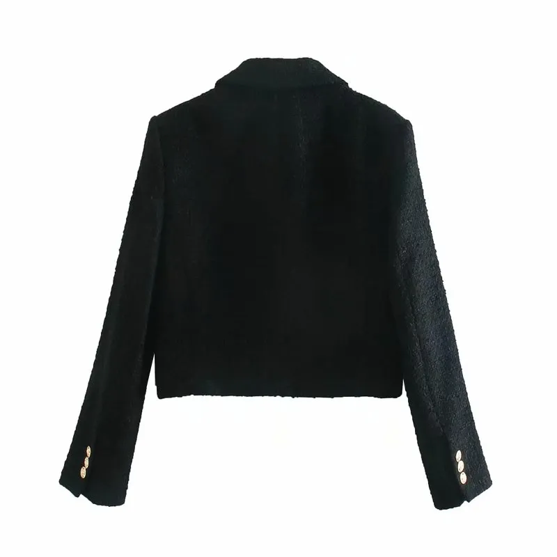 Vintage vrouw zwart tweed korte blazer jas mode dames herfst dubbele breasted jas vrouwelijke effen kleur tops 210515