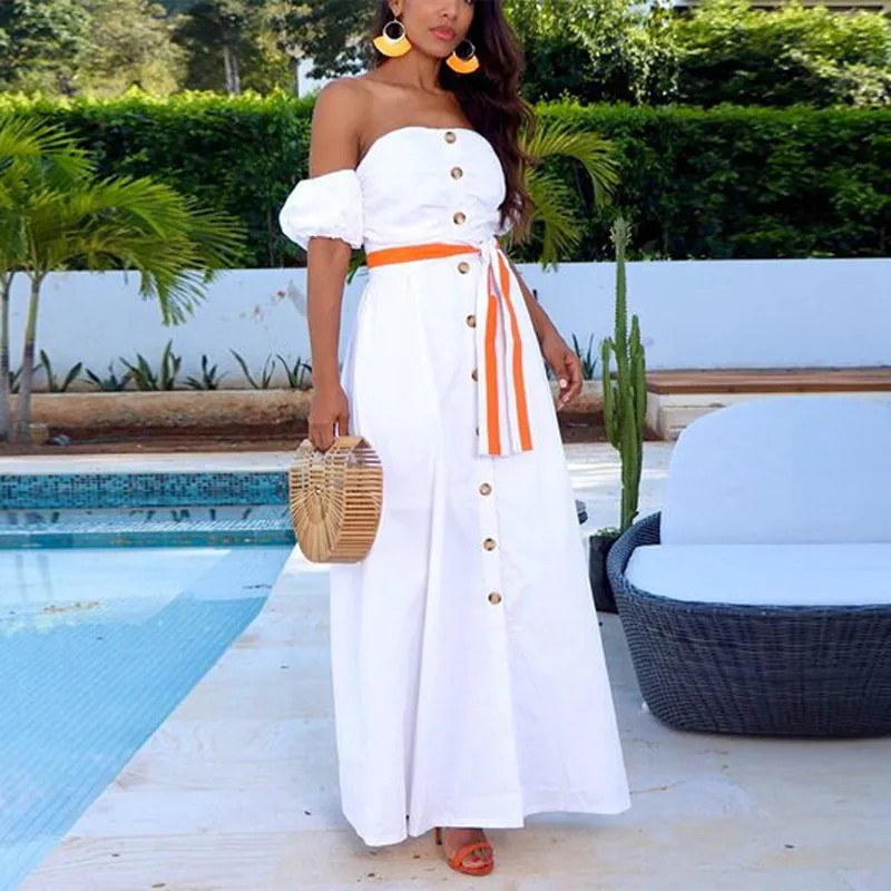 Women Dress Slash Neck Puff Sleeve White Sexy Dresses Off Shoulder Plus Size Vintage Summer Clothes 210513