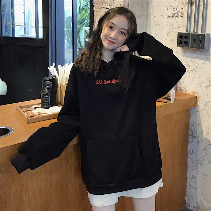 Harajuku Hoodies Mädchen Kleine Teufel Hörner Gothic Mit Kapuze Sweatshirts Frauen Dämon Fliegen Flügel Lose Pullover Taschen Tops Streetwear 210909