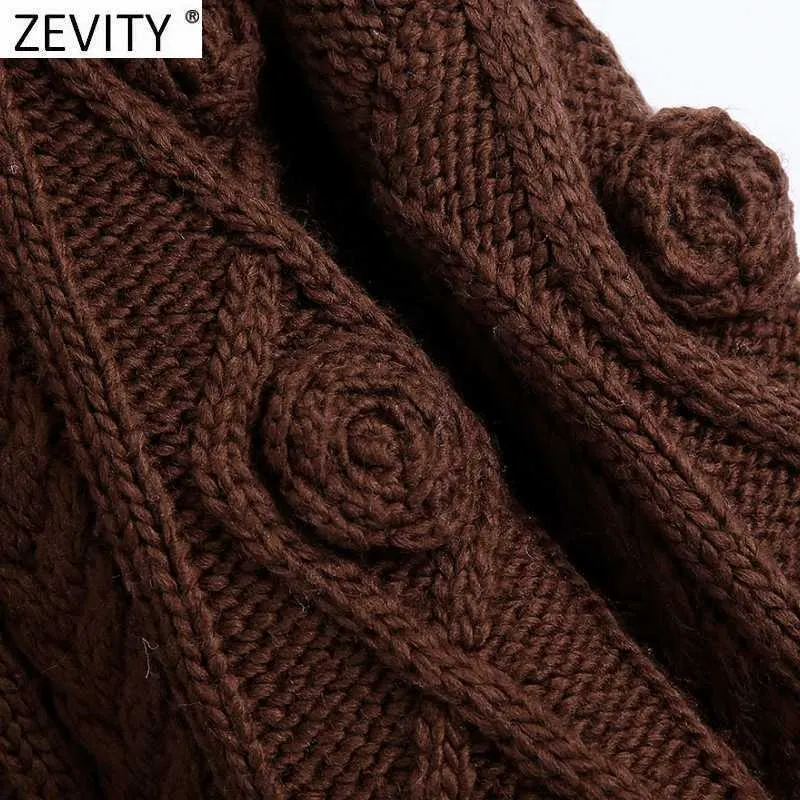 Zevity Women Fashion Geometric Twist Crocheted Knitted Short Sweater Female O Neck Long Sleeve Casual Pullovers Chic Tops S538 210603