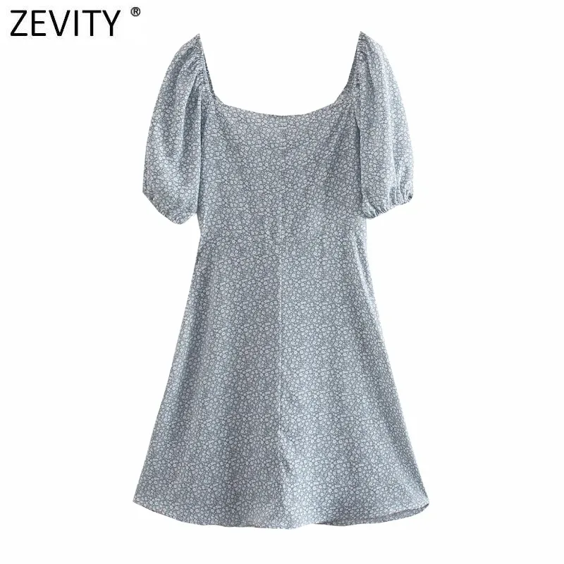 Zevity Women Vintage Pleated Lace Up V Neck Blommig Print Slim Mini Klänning Kvinna Puff Sleeve Casual Vestidos Chic Dresses DS8126 210419