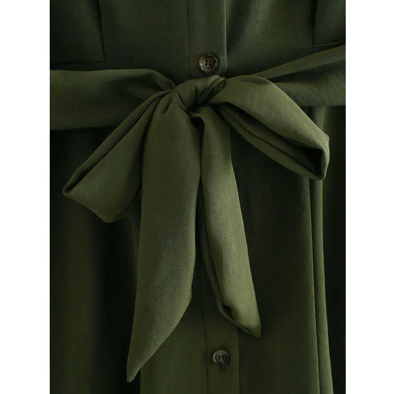 Za krawat talii sukienka koszulka kobiety z długim rękawem skręć w dół kołnierz armia zielony bandaż krótkie mini sukienki 210602