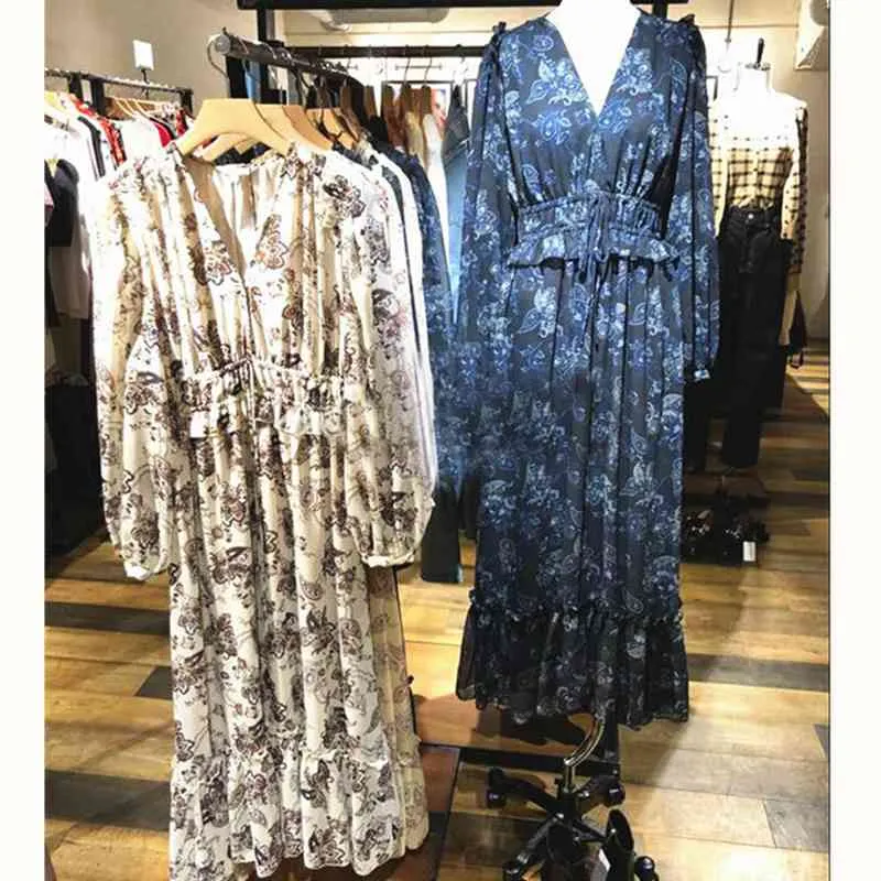 Japon Style doux imprimé volants robes été à lacets taille mince femme robe à manches longues col en v Vestidos De Mujer 210514