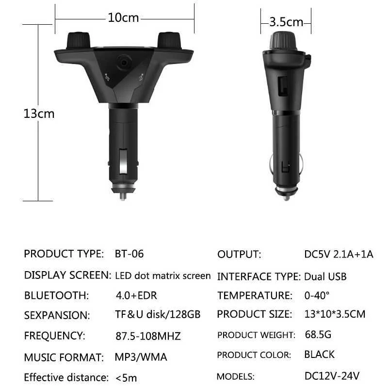 FM-sändare aux-modulator Audio handsfree Bluetooth-bil MP3-spelare med smart Charge Dual USB-laddare Trådlös musik