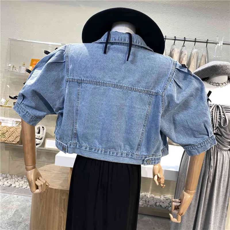 All Match Loose Bow Denim Veste Femmes Vacances Demi-Manches Puff Revers Court Casual Simple Boutonnage Mode 16W1004 210510