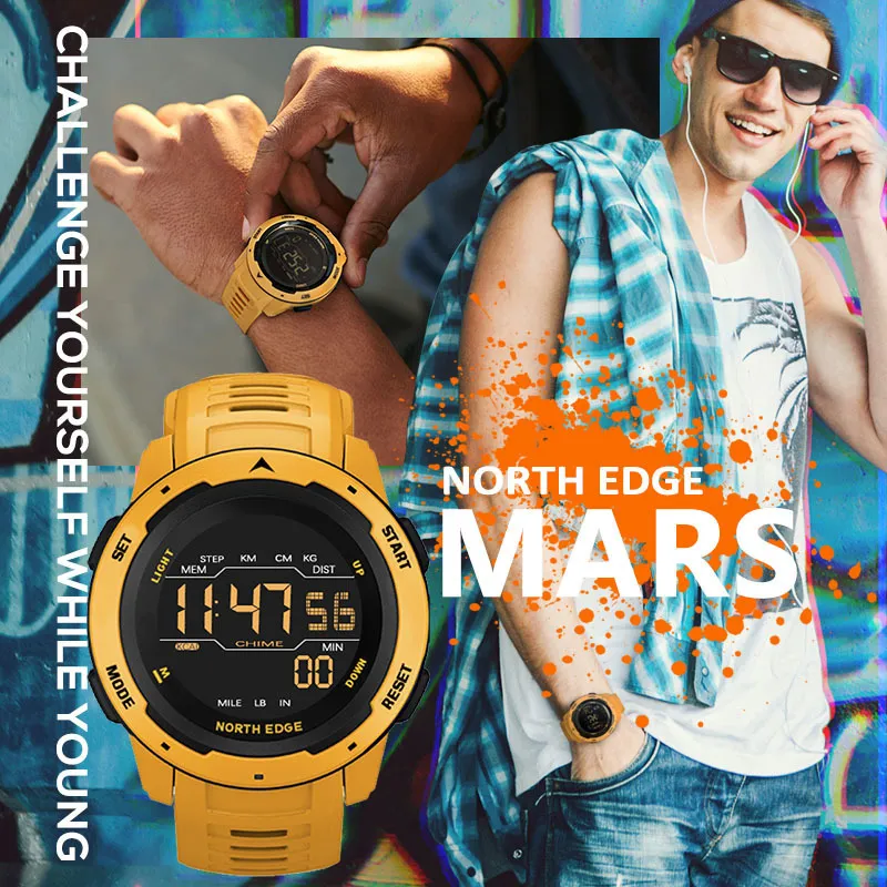 North Edge Men Digital Watch 남자 스포츠 ES 이중 시간 만보계 시계 시계 방수 50m 군용 2202122800
