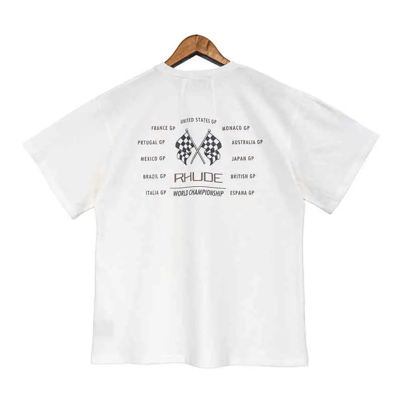 White Rhude World Championship t Shirt Men Women Hip Hop Casual Loose Tee Best Quality Summer Daily Tops Collar Tag
