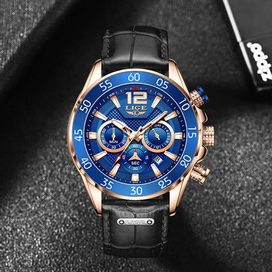 Hommes Montre LIGE De Luxe En Cuir Étanche Sport Montres Hommes Mode Automatique Date Chronographe Quartz Horloge Relojes Hombre 210527