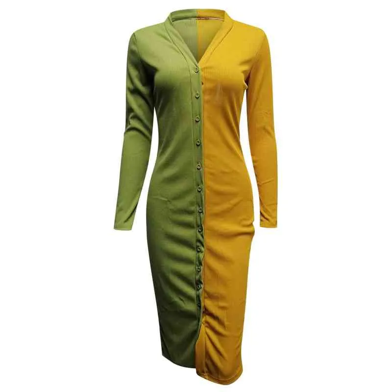 女性のマキシドレスvネックの気質色のマッチング女性のドレスボタンハイウエストロングドレス裾のスリットドレスY1204