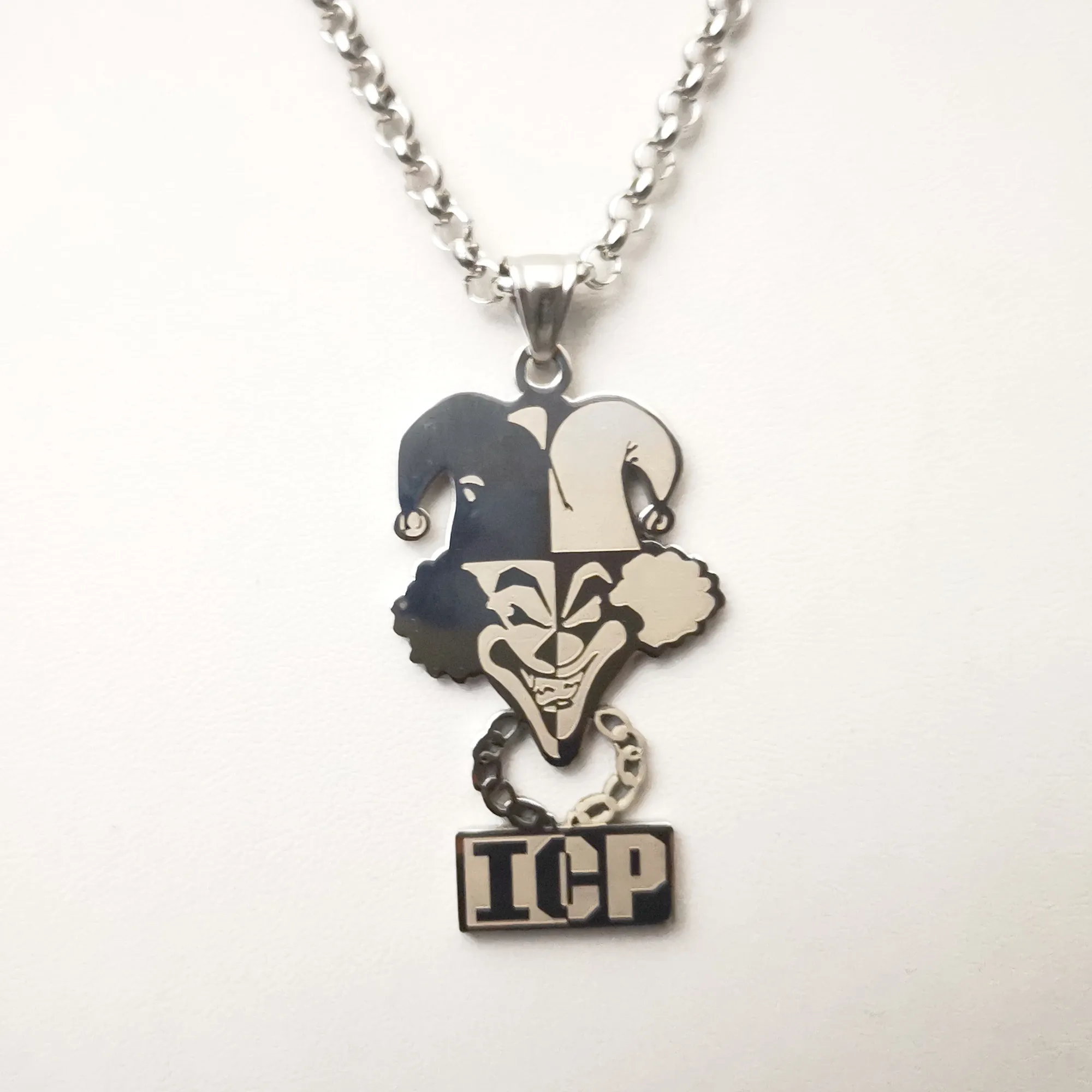 High Polished Silver Stainless Steel ICP CLOWN TWIZTID PENDANT CHARM NECKLACE 4mm 24INCH Rolo CHAIN Jugallo for Mens268k