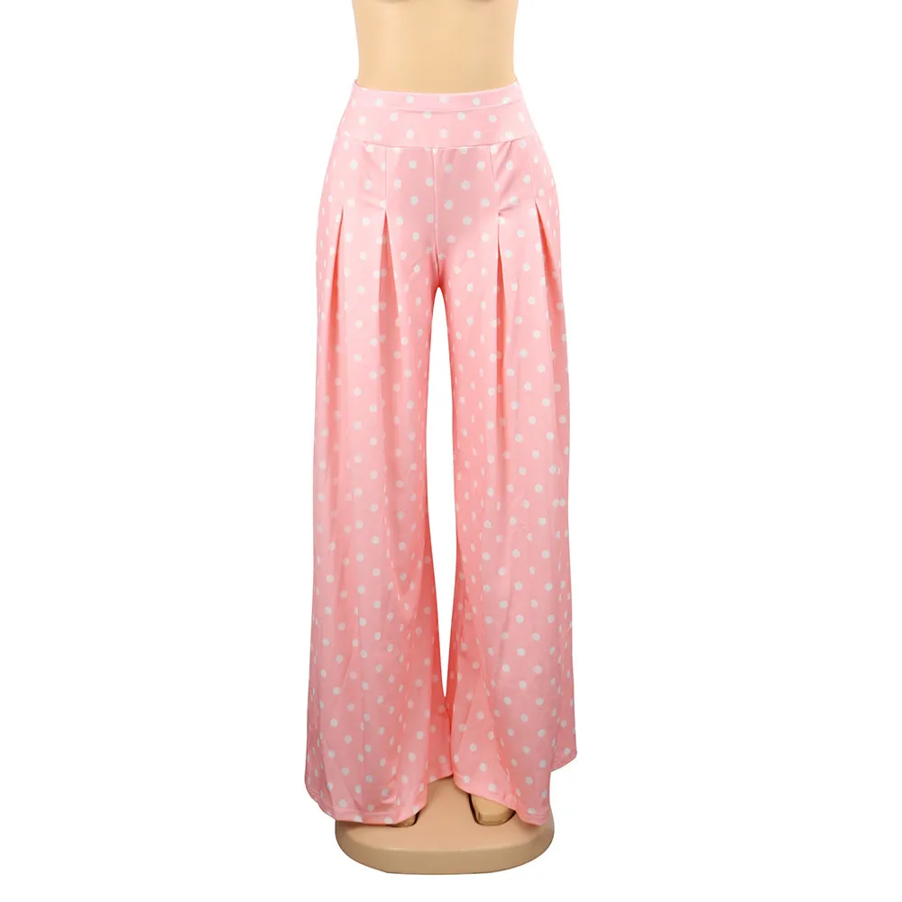 Été large jambe rose à pois élastique pantalon décontracté taille haute Boho pantalon femmes pleine longueur lâche bas pantalon 210517