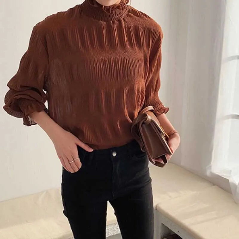 Frauen Hälfte Rollkragen Lose Langarm Chiffon Shirts Herbst Winter Koreanische Plissee Bodenbildung Blusen Dünne Tops Damen Plus Größe 210526