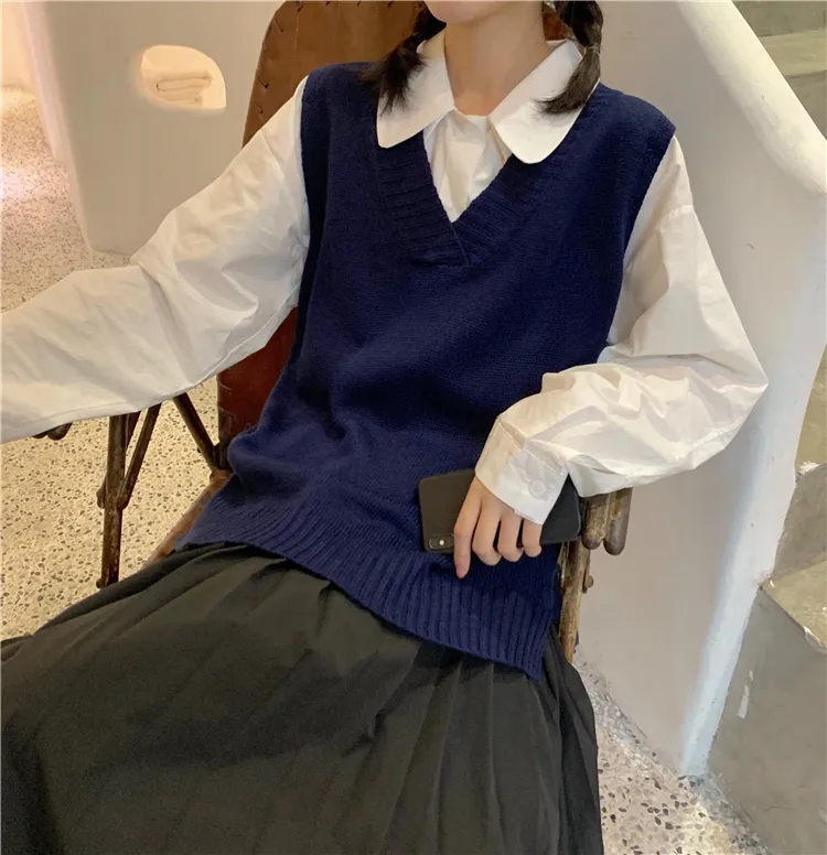 5 Farben koreanischer Preppy-Stil V-Ausschnitt einfarbige Weste Pullover Damen ärmellos gestrickt und Pullover C8803 210508