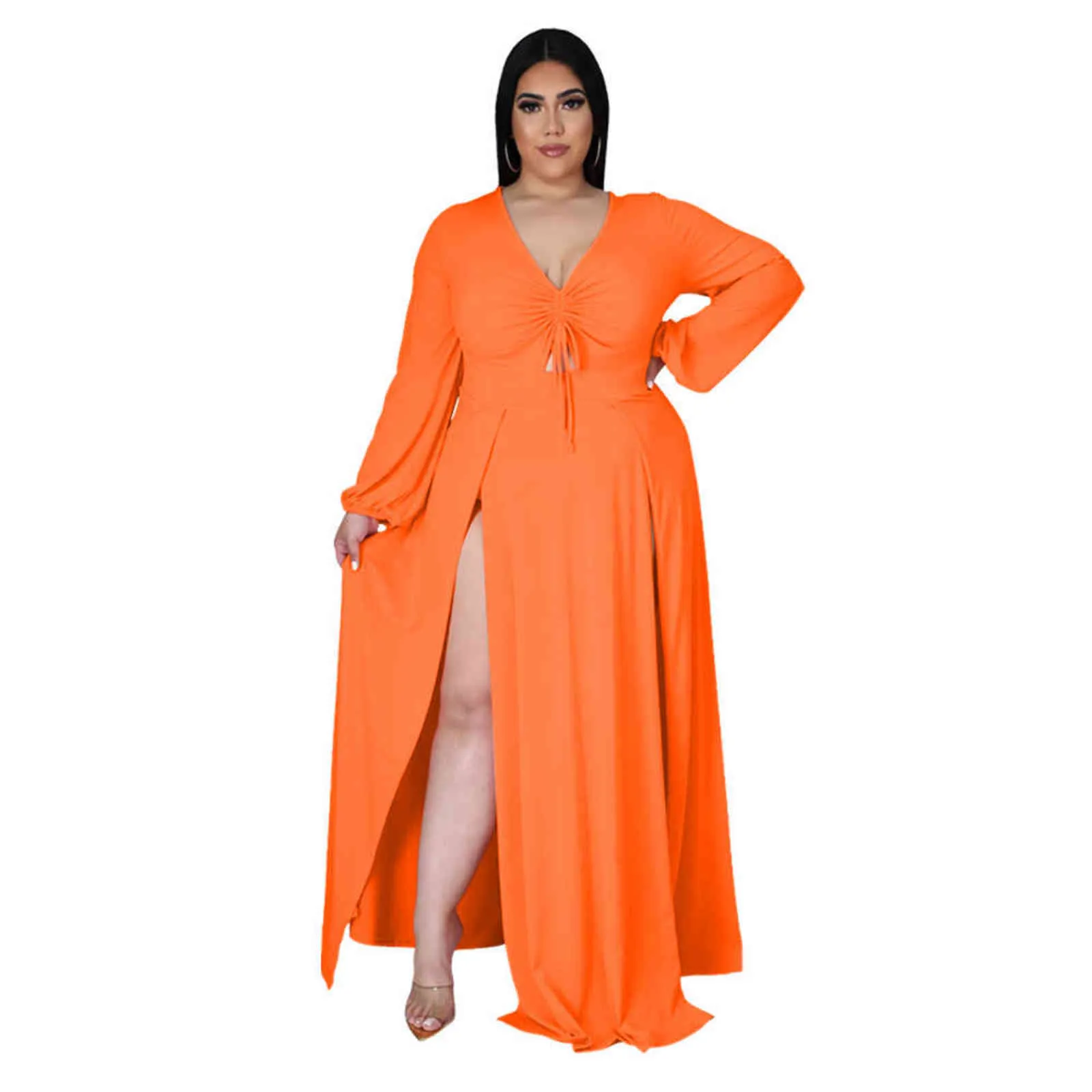 XL-5XL Artı Boyutu Siyah Pembe Fit ve Flare Elbise Kadın Dantelli İpli Tam Kollu Vestido Zarif Yan Yüksek Bölünmüş Robe Femme 211116