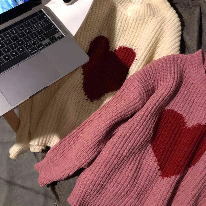 Korean Winter Sweet Heart-shaped Pattern Sweater Vintage Harajuku Style Full Sleeve Pullovers Loose Knitting Casual Sweater 211217