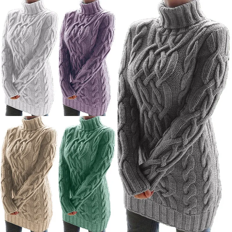 Women's Autumn and Winter Thick Sweater knitted pullovers Turtleneck Retro Thick Line Linen Flower mini Dress Sweater women 210514