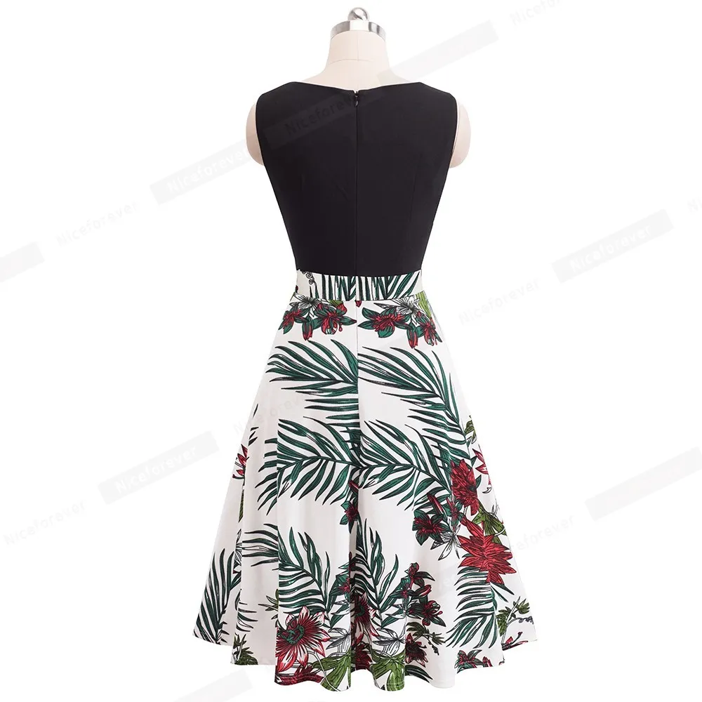 Nice-forever Sommer-Damen-Vintage-Blumen-Patchwork-Sonnenkleid, lässig, ärmellos, ausgestelltes Kleid 1btyA090 210419