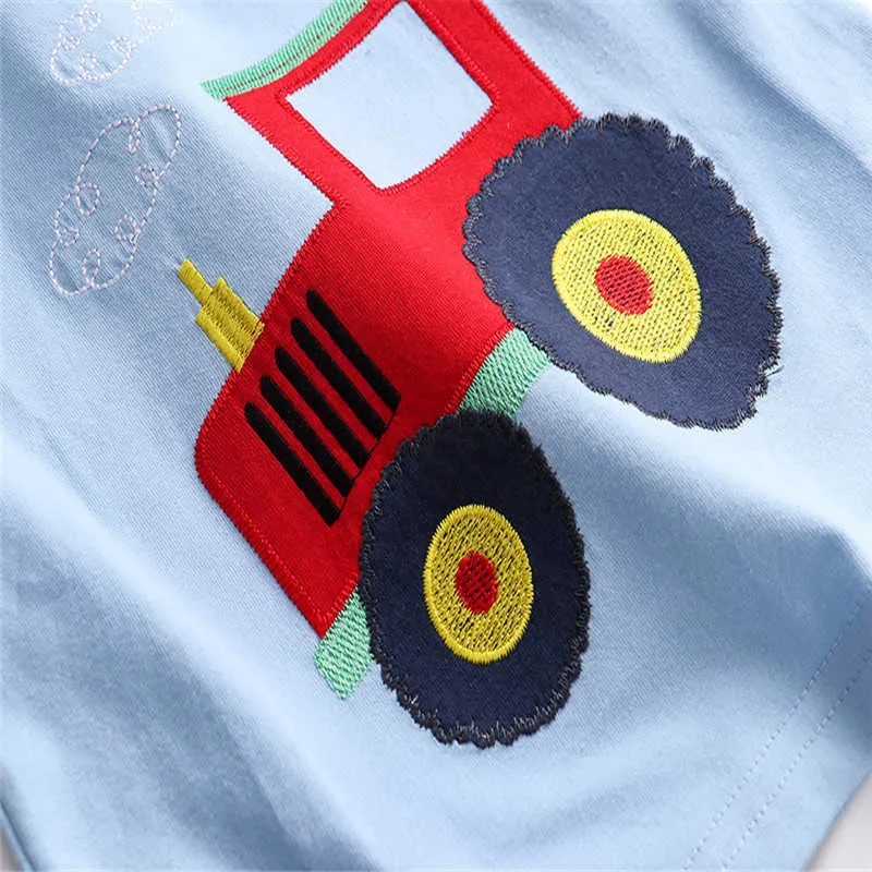 Hoppmätare Pojkar Bomullstoppar för sommar Barnkläder Säljer Stripe Applique Tractor Kids T Shirts 210529