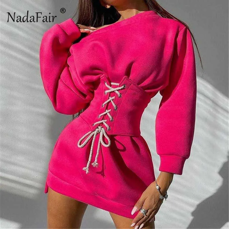 Nadafair Casual Mini Felpa Abito con Corsetti Donna Autunno Vestiti Oversize Manica Lunga Tunica Party Winter Dress 2021 Y1006