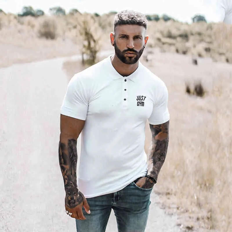 Nova marca marca polo camisa de verão gola gola slim fit botão cor sólido respirável polos esportes homens ginásio vestuário 210421