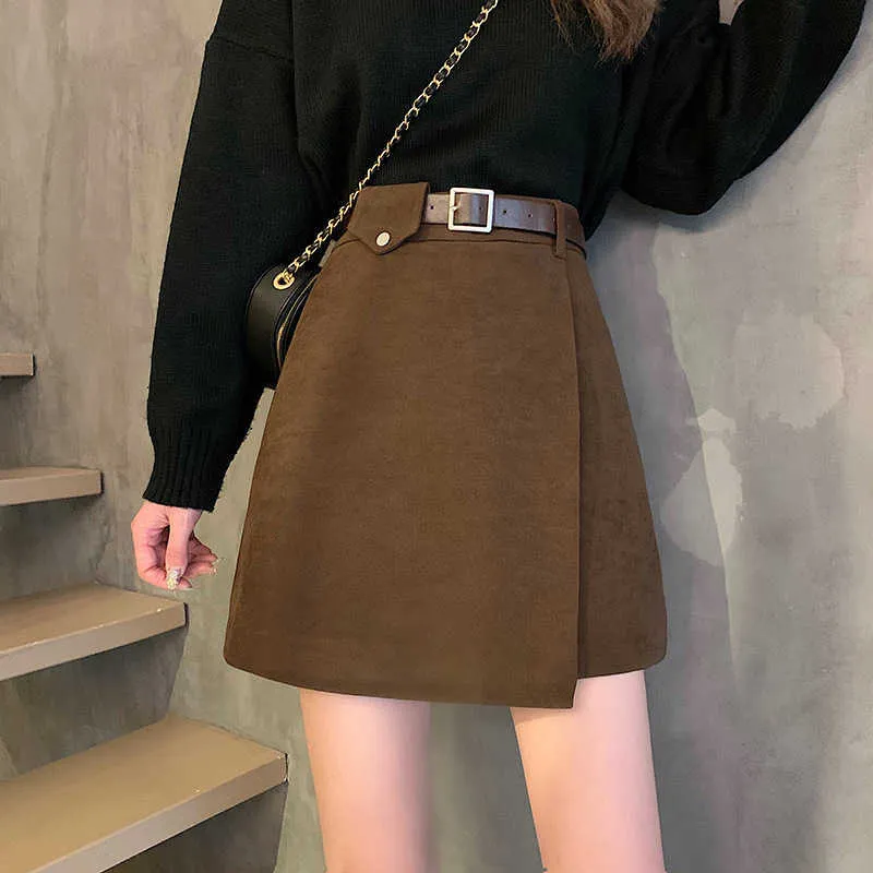 Inglaterra Mini falda negra Oficina de invierno Moda Sólido Cintura alta Harajuku Falda Damas A-Line Mujeres Casual Midi Falda Mujeres 210721