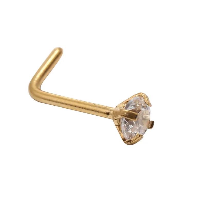 50 sztuk / partia 20g Gold Color CZ stadnina śruba Steel chirurgiczny pierścień nosowy pierścień pierścionkowy 1,5 mm 2mm 2.5mm 3mm l Shape