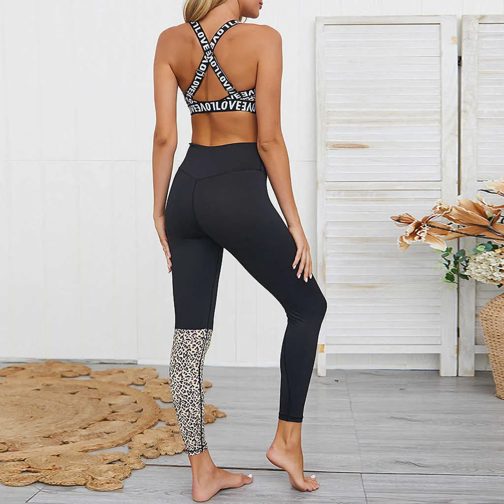 Frauen Leopard Brief Drucken Yoga Sets Gym Kleidung Hohe Taille Crop Top Hose Sport Zweiteilige Leggings Outfits 210813