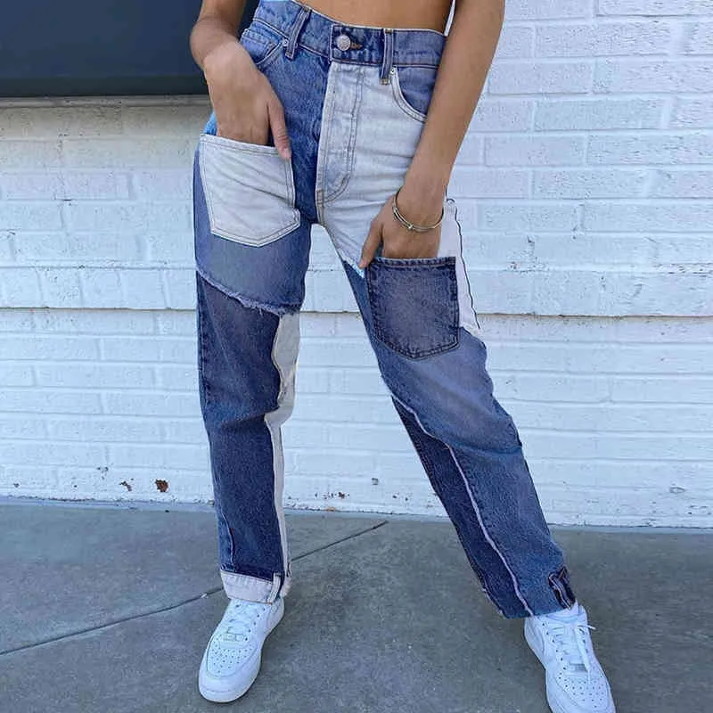 Blaue gepatchte gerade Y2K-Jeans für Mädchen weibliche Mode Frauen Quaste Vintage-Denim-Hosen mit hoher Taille Hose Streetwear 210415