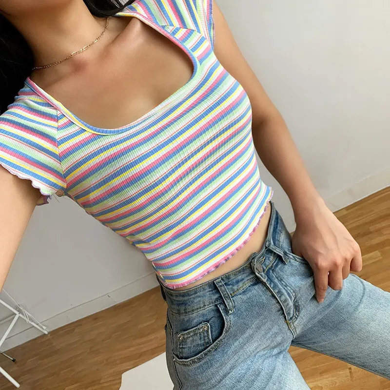 Zomer Nieuwe Kleur Contrast Gestreepte T-shirt Sexy Youth Belly Button Slim Fit Square Hals Korte Mouw Vitaliteit Meisje Top 210422